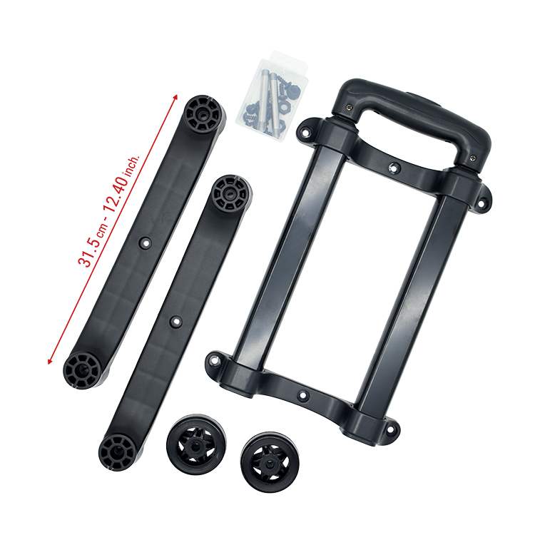 Panaro trolley kit for MAX505H280 laid flat: handle frame, two long side rails, two wheels and a box of screws