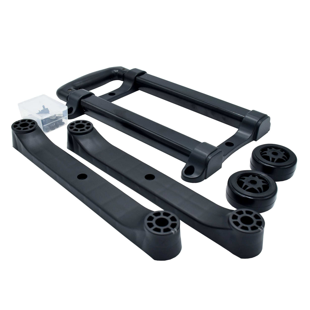 Trolley kit components for Panaro MAX505H cases shown together on white: handle, rails and wheels