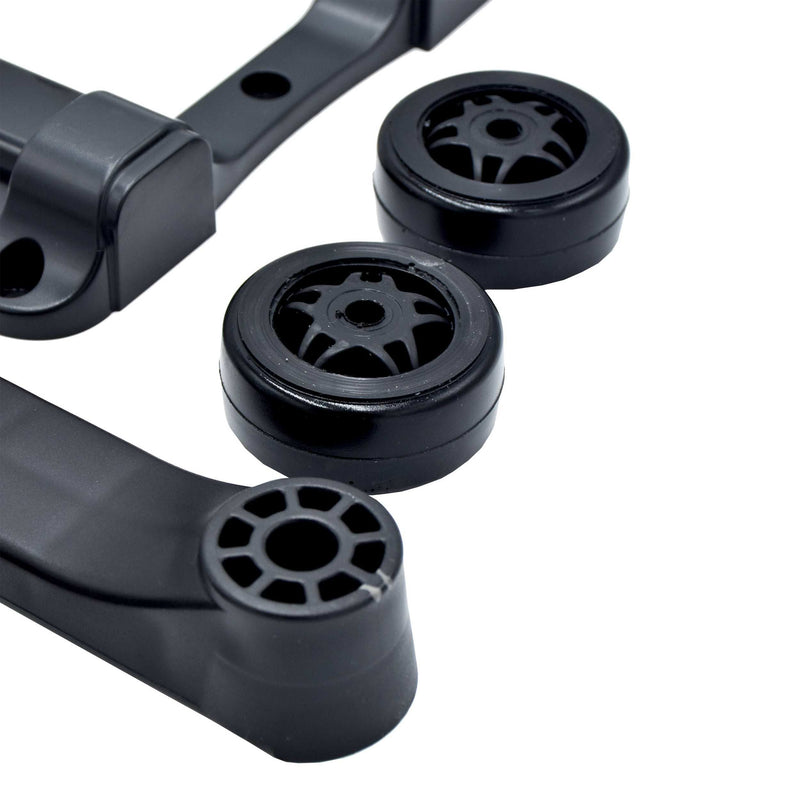 Close-up of a black wheel and the rail mount from the Panaro MAX505H trolley kit