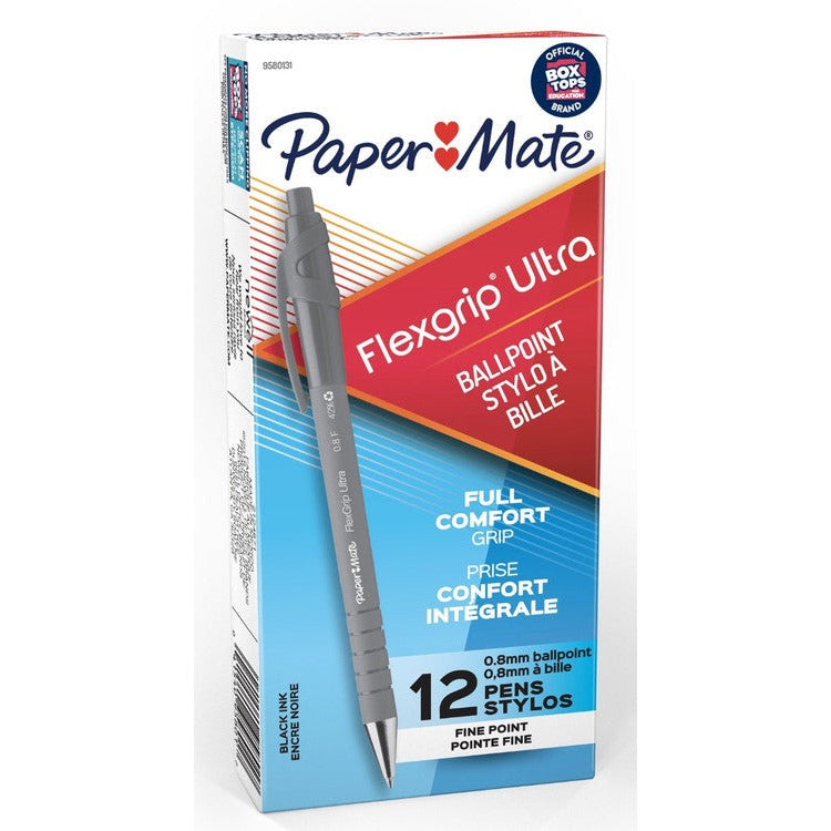Smaller photo of the Paper Mate Flexgrip Ultra 9580131 carton standing upright on a pale grey background, front panel showing the Flexgrip Ultra name, a grey barrel pen and the 12 pens count