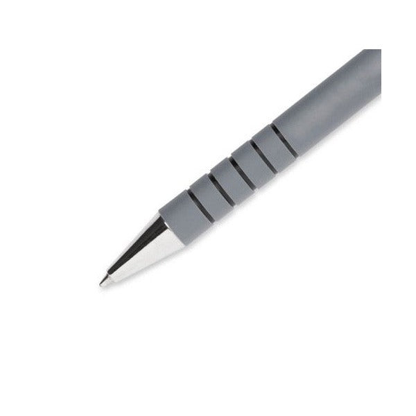 Close-up of a Paper Mate Flexgrip Ultra 9580131 pen: the steel tip and cone above the grey ringed grip section, photographed on a white background