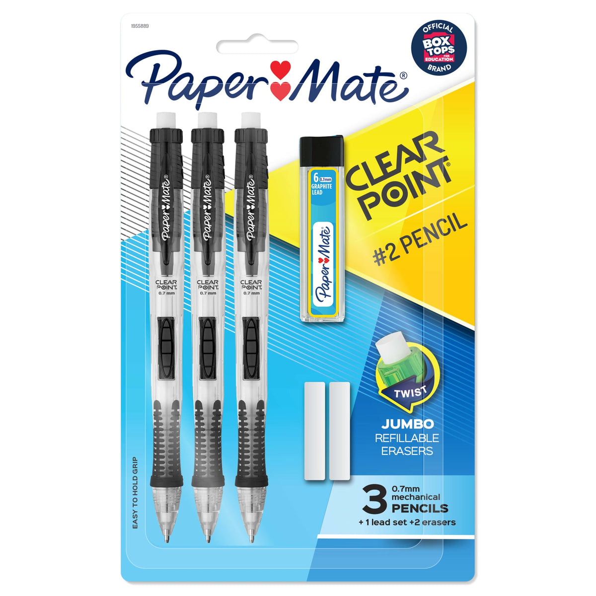 One Paper Mate Clearpoint retail pack, one of the six in this box, with 3 clear 0.7mm mechanical pencils with black grips and clips, a lead refill tube and 2 white jumbo eraser refills