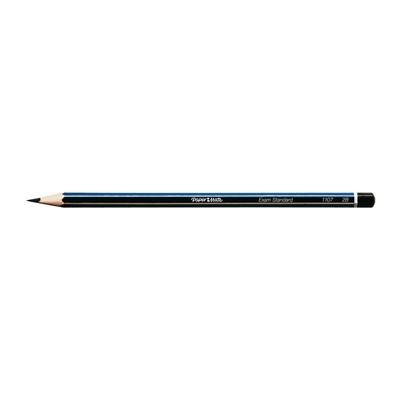 Single sharpened Paper Mate Exam Standard 2B woodcase pencil, black barrel with blue stripes, with the imprint Exam Standard 1107 2B, on a white background
