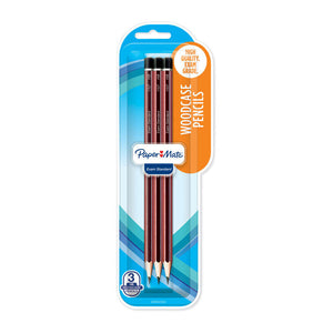 Paper Mate Exam Standard blister card of 3 sharpened HB woodcase pencils, red barrels with black stripes, one of the 12 cards in this box