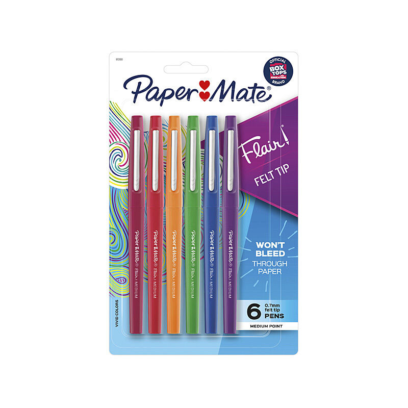 Paper Mate Flair felt tip card holding 6 assorted bright colour pens with the 6 count and 0.7mm medium point printed on the card, on a white background.