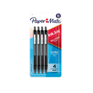 Front of a Paper Mate InkJoy 300 RT blister card holding 4 black retractable ballpoint pens with black rubber grips, marked Ultra smooth ink and 4 1.0mm ballpoint pens.