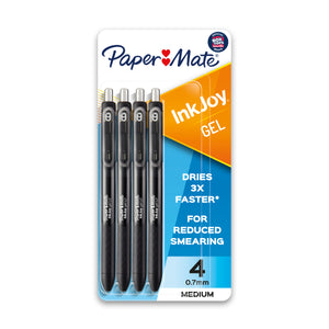 Front of a Paper Mate InkJoy Gel blister card holding 4 black retractable gel pens with black grips, marked 4 0.7mm medium.