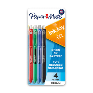 Front of a Paper Mate InkJoy Gel blister card holding 4 retractable gel pens in red, green, blue and black, marked 4 0.7mm medium.