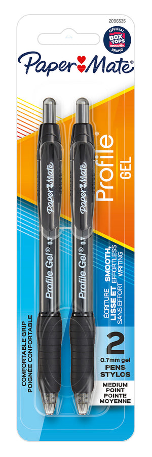 Front of a Paper Mate Profile Gel blister card holding 2 black retractable gel pens with black grips, marked Smooth, effortless writing and 2 0.7mm gel pens.