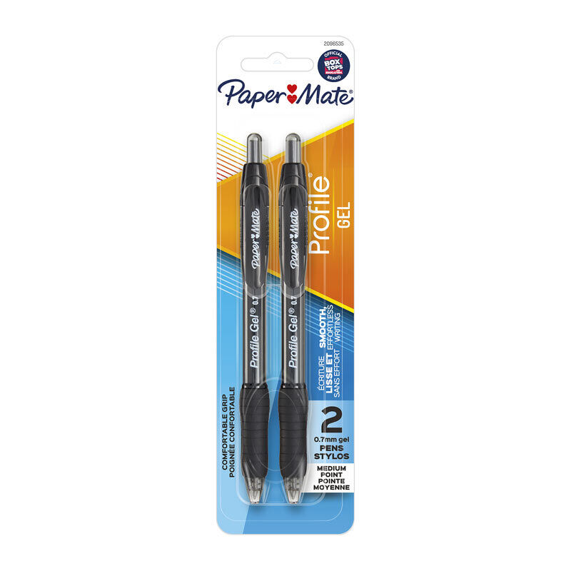 Paper Mate Profile Gel card of 2 black retractable 0.7mm medium point gel pens with translucent smoke barrels, on a white background.