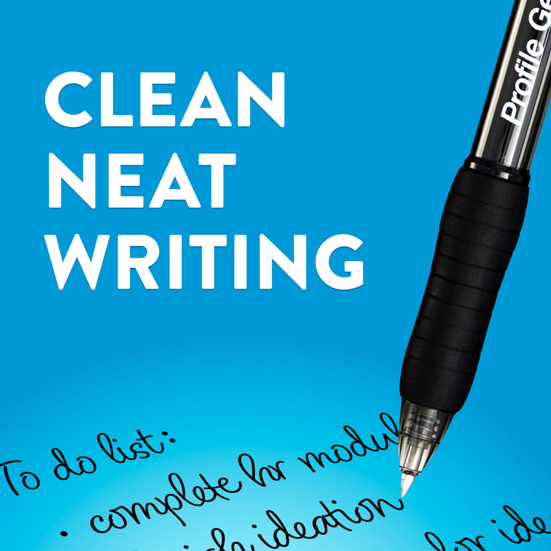 A black Paper Mate Profile Gel pen writing a handwritten to-do list on a blue background, captioned Clean neat writing.