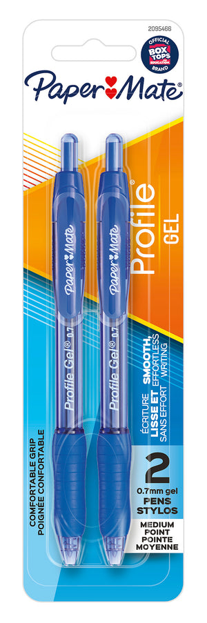 Front of a Paper Mate Profile Gel blister card holding 2 blue retractable gel pens with blue grips, marked Smooth, effortless writing and 2 0.7mm gel pens.