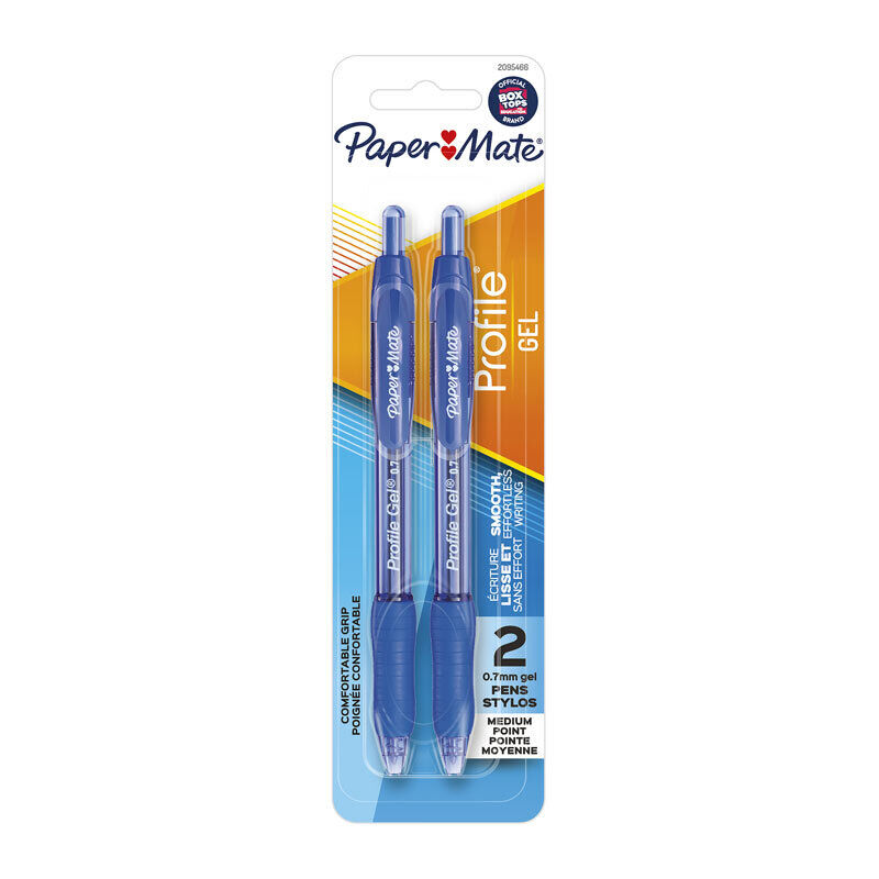Paper Mate Profile Gel card of 2 blue retractable 0.7mm medium point gel pens with translucent blue barrels, on a white background.