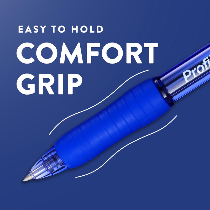 Close-up of the blue rubber comfort grip on a Paper Mate Profile pen against a navy background, captioned Easy to hold comfort grip.