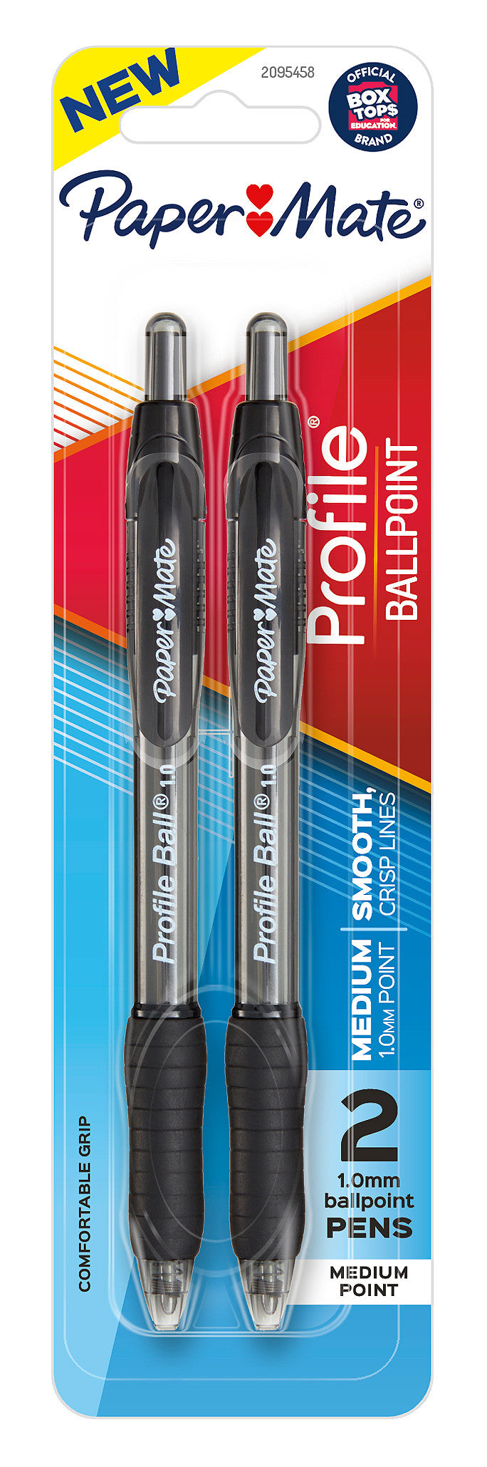 Front of a Paper Mate Profile ballpoint blister card holding 2 black retractable pens with black grips, with a New flash and Medium 1.0mm point text.