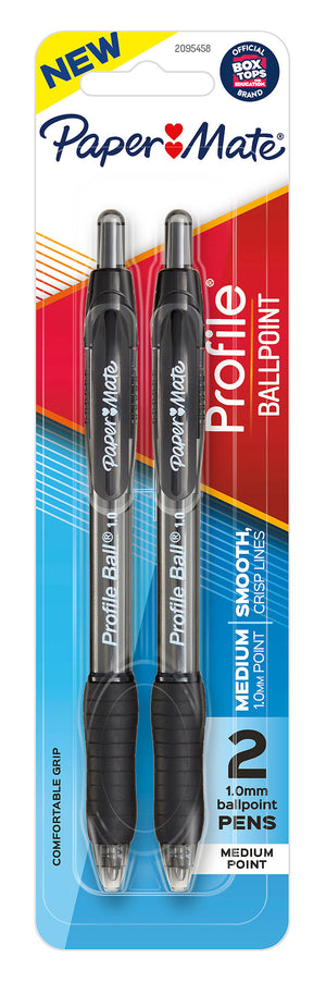 Front of a Paper Mate Profile ballpoint blister card holding 2 black retractable pens with black grips, with a New flash and Medium 1.0mm point text.
