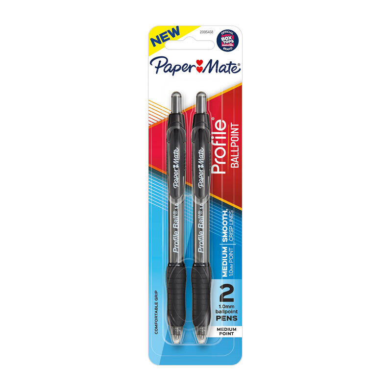 Paper Mate Profile retractable ballpoint card of 2 black 1.0mm medium point pens with translucent smoke barrels, on a white background.