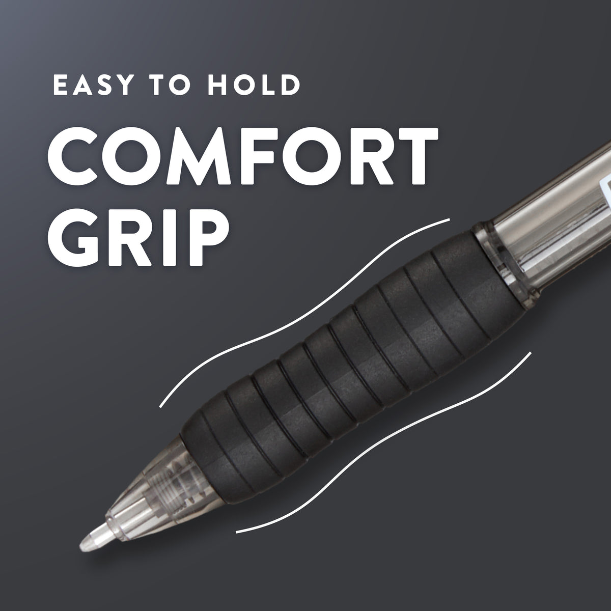 Close-up of the black rubber grip on a Paper Mate Profile pen against a dark background, captioned Easy to hold comfort grip.