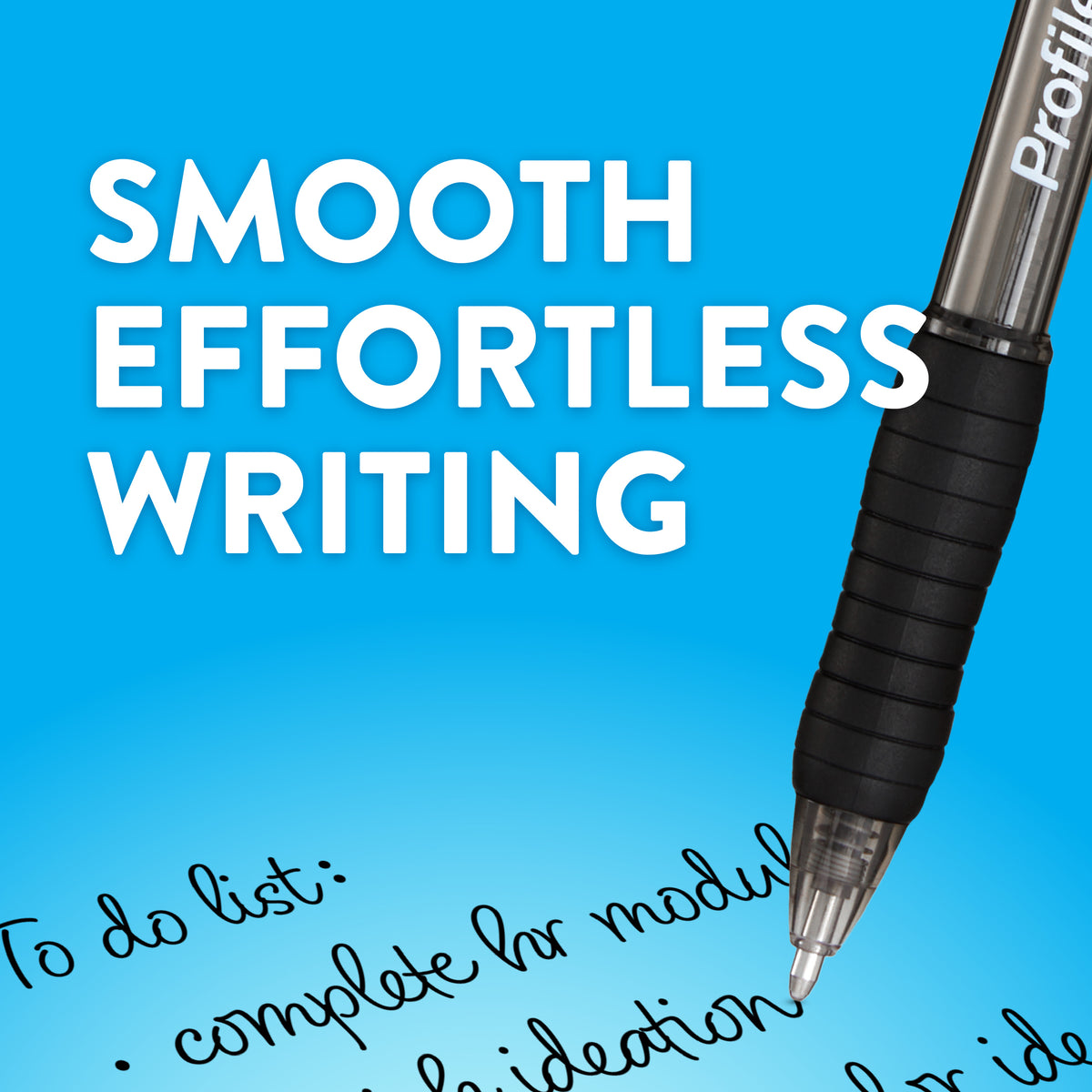 A black Paper Mate Profile ballpoint writing a handwritten to-do list on a blue background, captioned Smooth effortless writing.