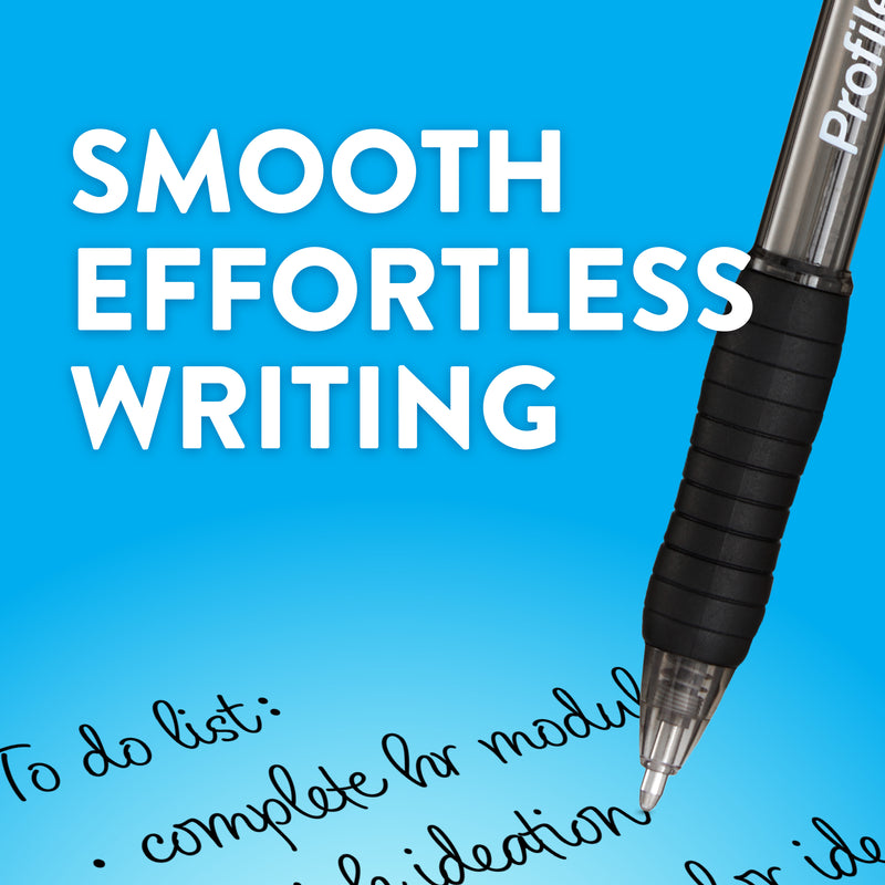 A black Paper Mate Profile ballpoint writing a handwritten to-do list on a blue background, captioned Smooth effortless writing.