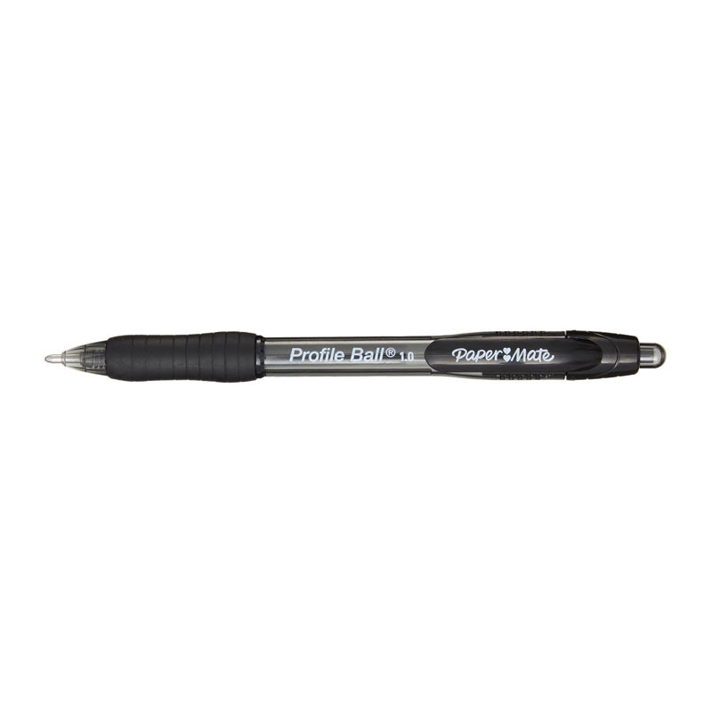 A single black Paper Mate Profile Ball 1.0 retractable pen with a translucent smoke barrel and black rubber grip, lying flat on a white background.