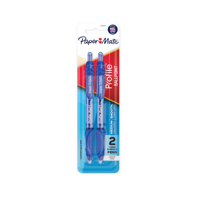 Front of a Paper Mate Profile ballpoint blister card holding 2 blue retractable pens with blue grips, marked Medium 1.0mm point, smooth, crisp lines.