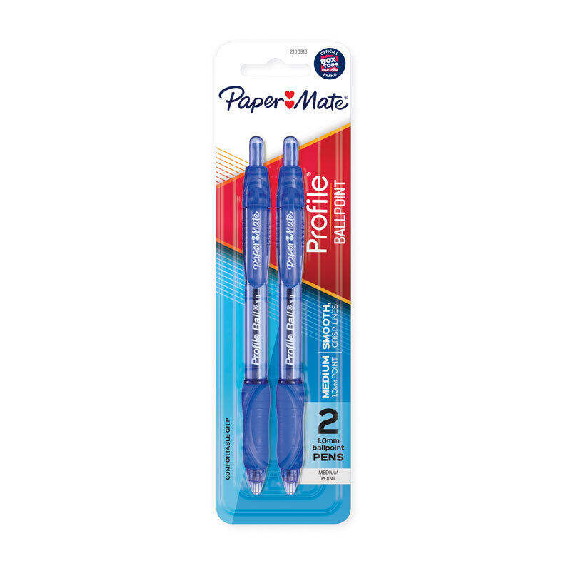 Paper Mate Profile retractable ballpoint card of 2 blue 1.0mm medium point pens with translucent blue barrels, on a white background.