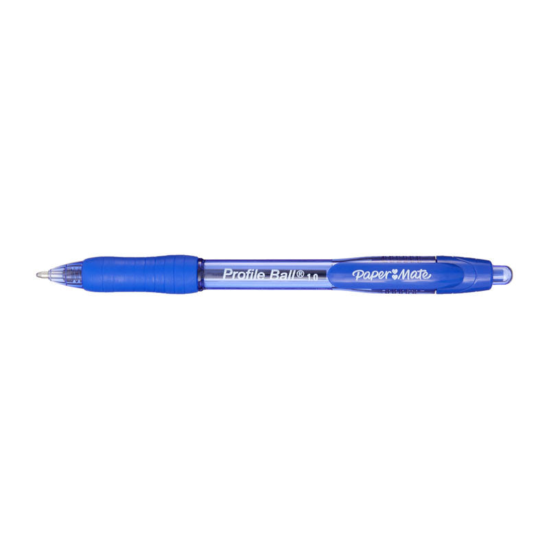 A single blue Paper Mate Profile Ball 1.0 retractable pen with a translucent blue barrel and blue rubber grip, lying flat on a white background.