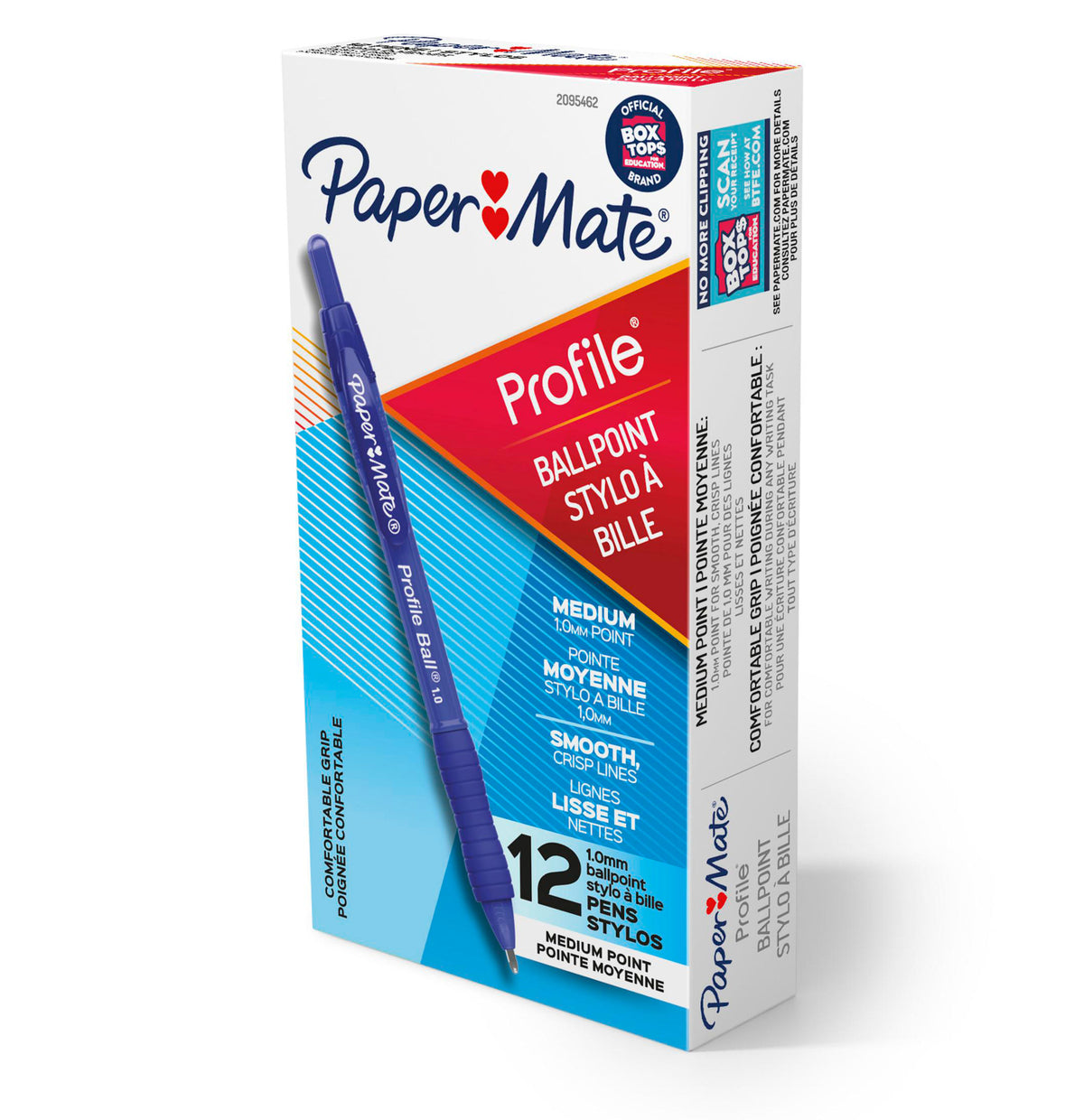 Papermate Profile retractable ballpoint pens box of 12 in blue, front three-quarter view showing a blue Profile pen with soft grip and the medium 1.0mm point callout