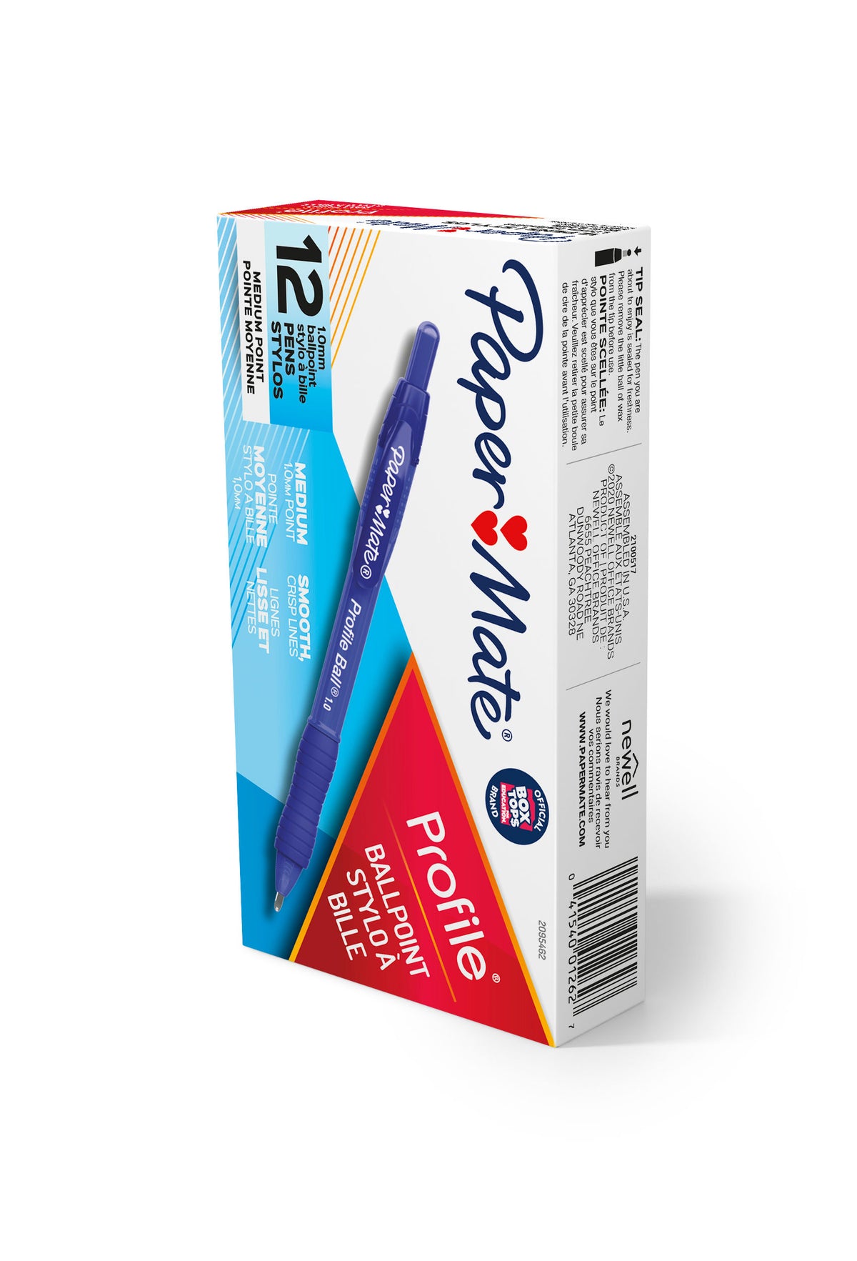 Side and end panels of the Papermate Profile blue ballpoint box of 12, showing the 12 pens 1.0mm label, the tip seal note, the Assembled in U.S.A. line and the barcode