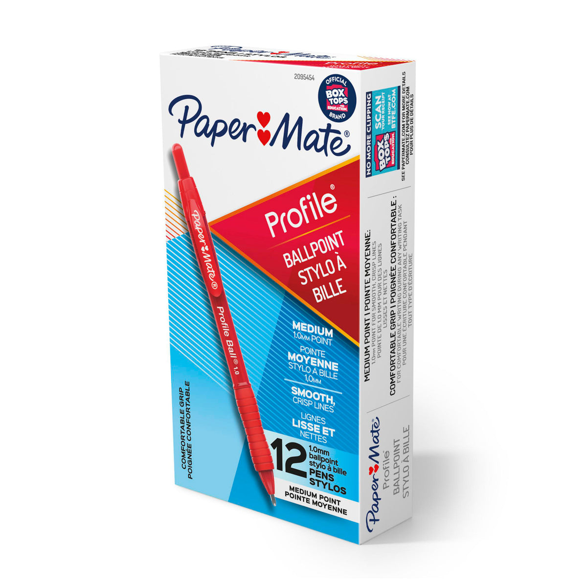 Papermate Profile retractable ballpoint pens box of 12 in red, front three-quarter view showing a red Profile pen with soft grip and the medium 1.0mm point callout