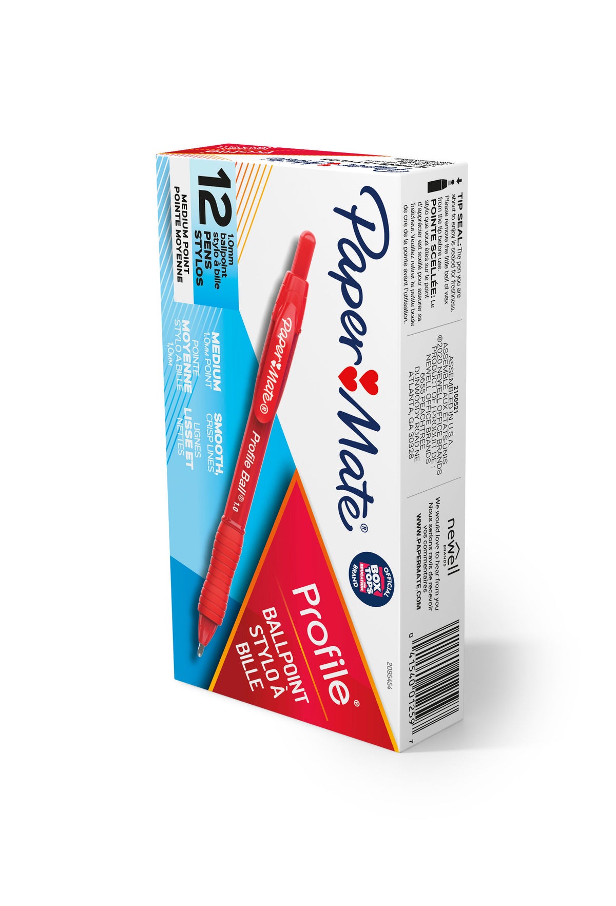 Side and end panels of the Papermate Profile red ballpoint box of 12, showing the 12 pens 1.0mm label, the tip seal note, the Assembled in U.S.A. line and the barcode