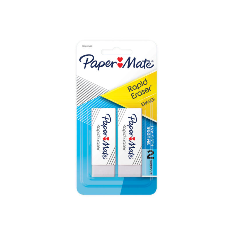 Paper Mate Rapid Eraser blister card holding 2 white erasers in printed sleeves, marked smudge resistant and 2 erasers, one of the 12 cards in this box