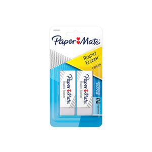 Paper Mate Rapid Eraser blister card holding 2 white erasers in printed sleeves, marked smudge resistant and 2 erasers, one of the 12 cards in this box