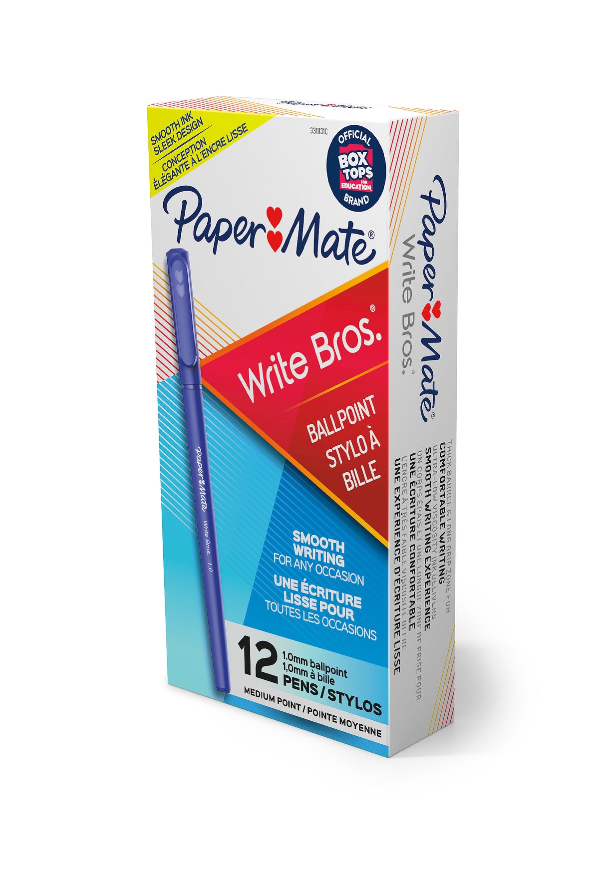 Paper Mate Write Bros. carton of 12 blue 1.0mm medium point ballpoint pens shown at an angle, with a blue capped pen printed on the front of the box.