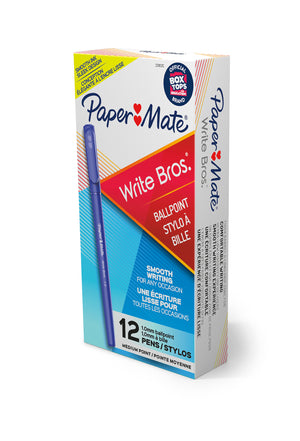 Paper Mate Write Bros. carton of 12 blue 1.0mm medium point ballpoint pens shown at an angle, with a blue capped pen printed on the front of the box.