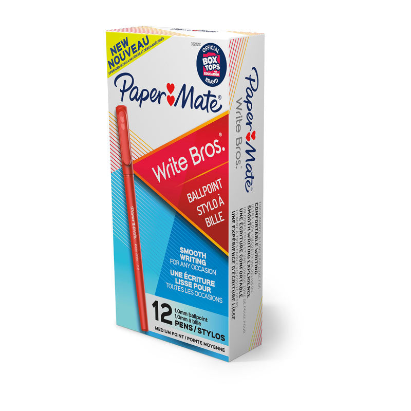 Front three-quarter view of the Paper Mate Write Bros. box of 12 red 1.0mm medium point ballpoint pens on a white background.