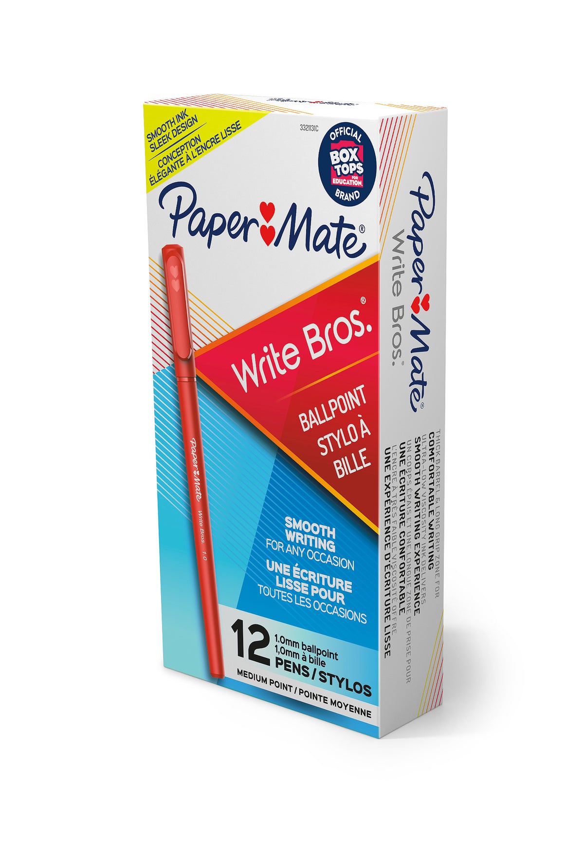 Paper Mate Write Bros. carton of 12 red 1.0mm medium point ballpoint pens shown at an angle, with a red capped pen printed on the front of the box.