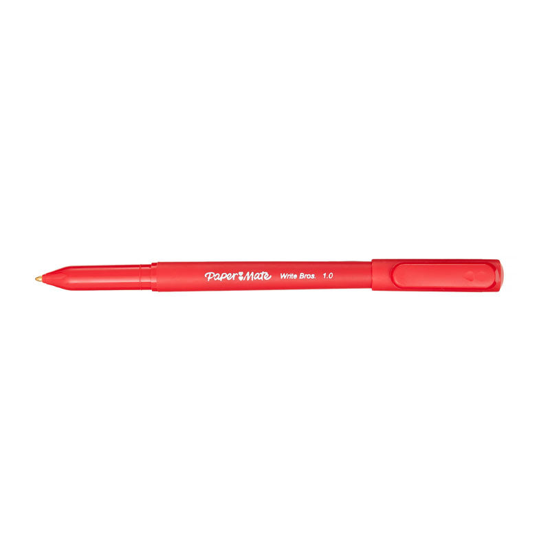 A single red Paper Mate Write Bros. 1.0 ballpoint pen with the point showing and the cap and clip posted on the end, on a white background.