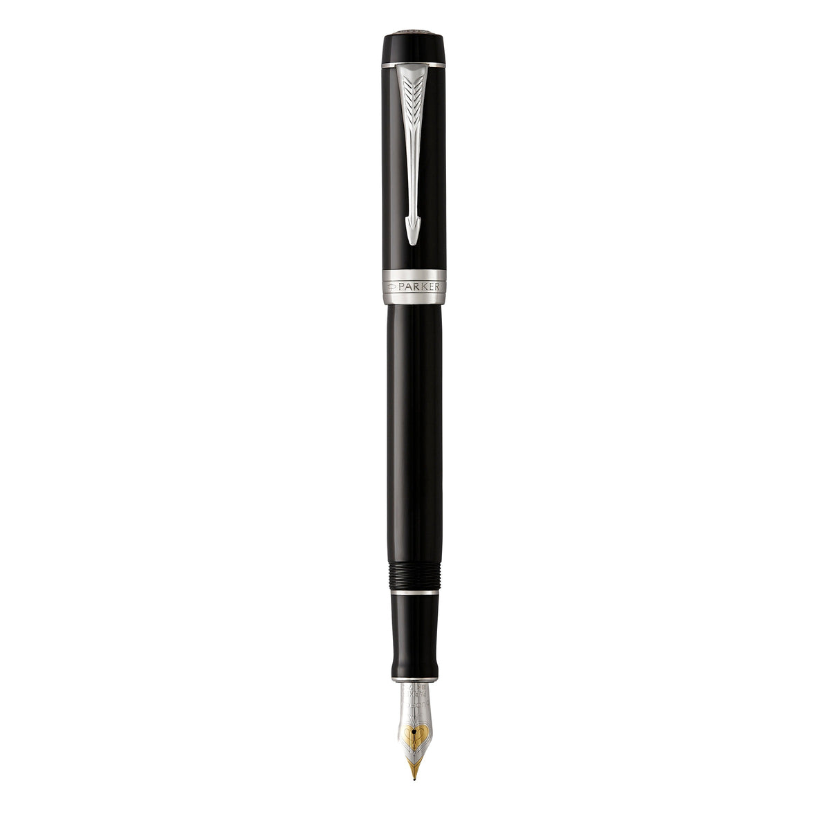 Parker Duofold Classic fountain pen in black resin with palladium trims standing upright with its cap posted off