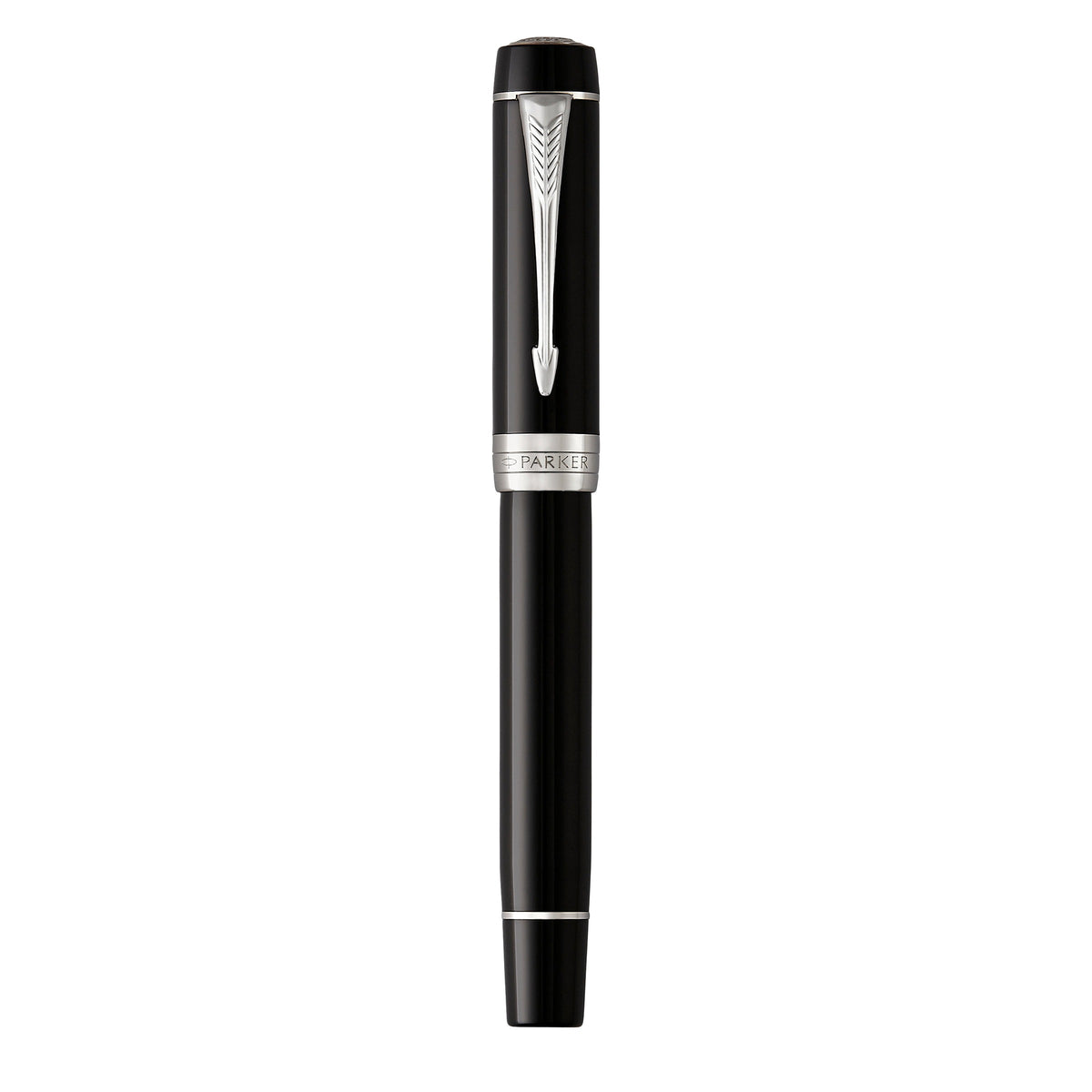 Black Duofold Classic with silver-tone palladium trims standing capped on a white background