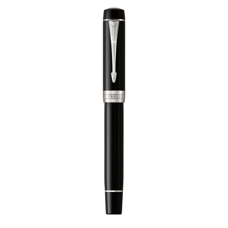 Black Duofold Classic with silver-tone palladium trims standing capped on a white background