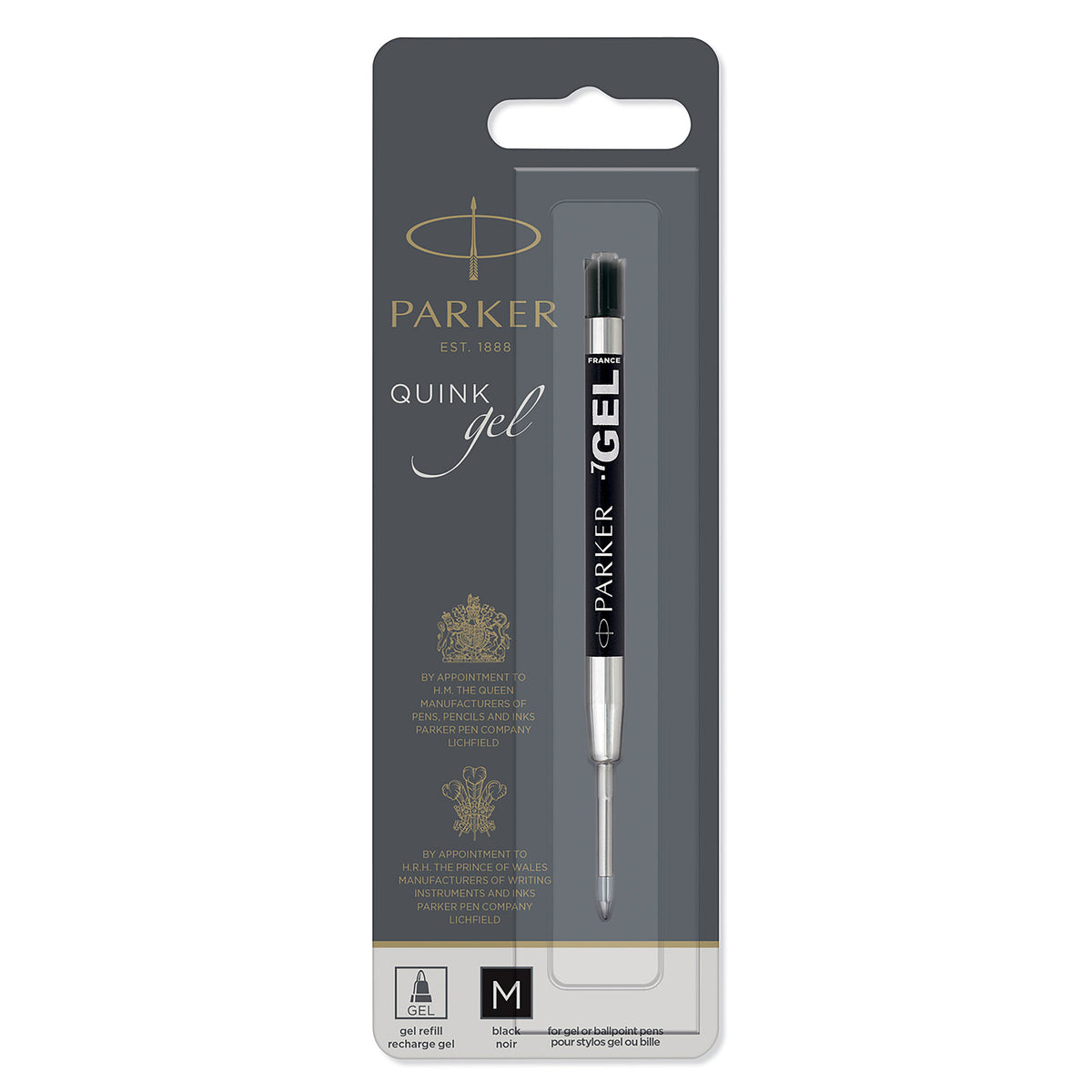 Parker Quink gel refill in black on its grey Parker blister card, medium M tip box at the bottom of the card