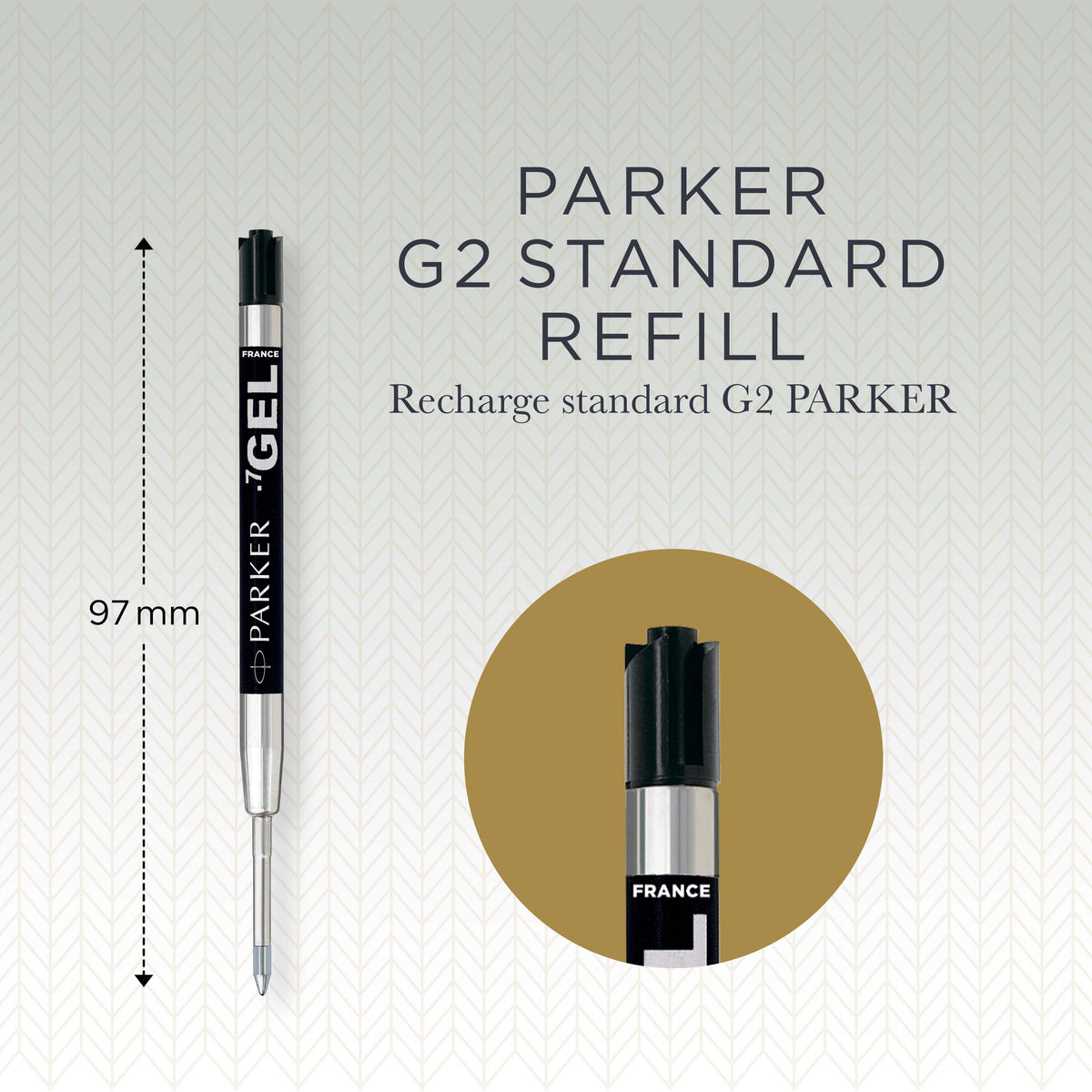 Parker G2 standard refill tile showing the black gel refill with a 97 mm length marker and a close-up of the end cap