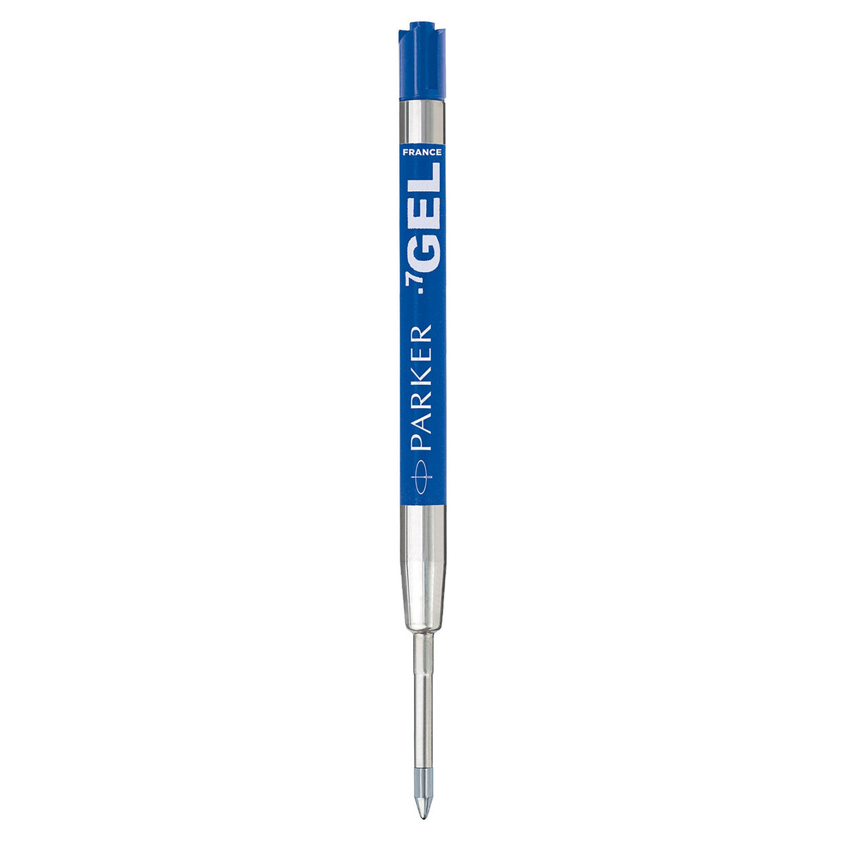 Parker blue gel refill on its own, blue label printed PARKER and .7 GEL, silver tip at the bottom
