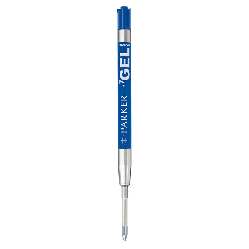 Parker blue gel refill on its own, blue label printed PARKER and .7 GEL, silver tip at the bottom