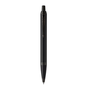 Parker IM Achromatic ballpoint pen standing upright in matte black with black clip and trims