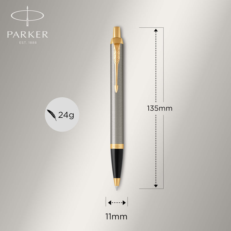 Parker graphic of the IM ballpoint in brushed metal and gold with its length, width and weight marked