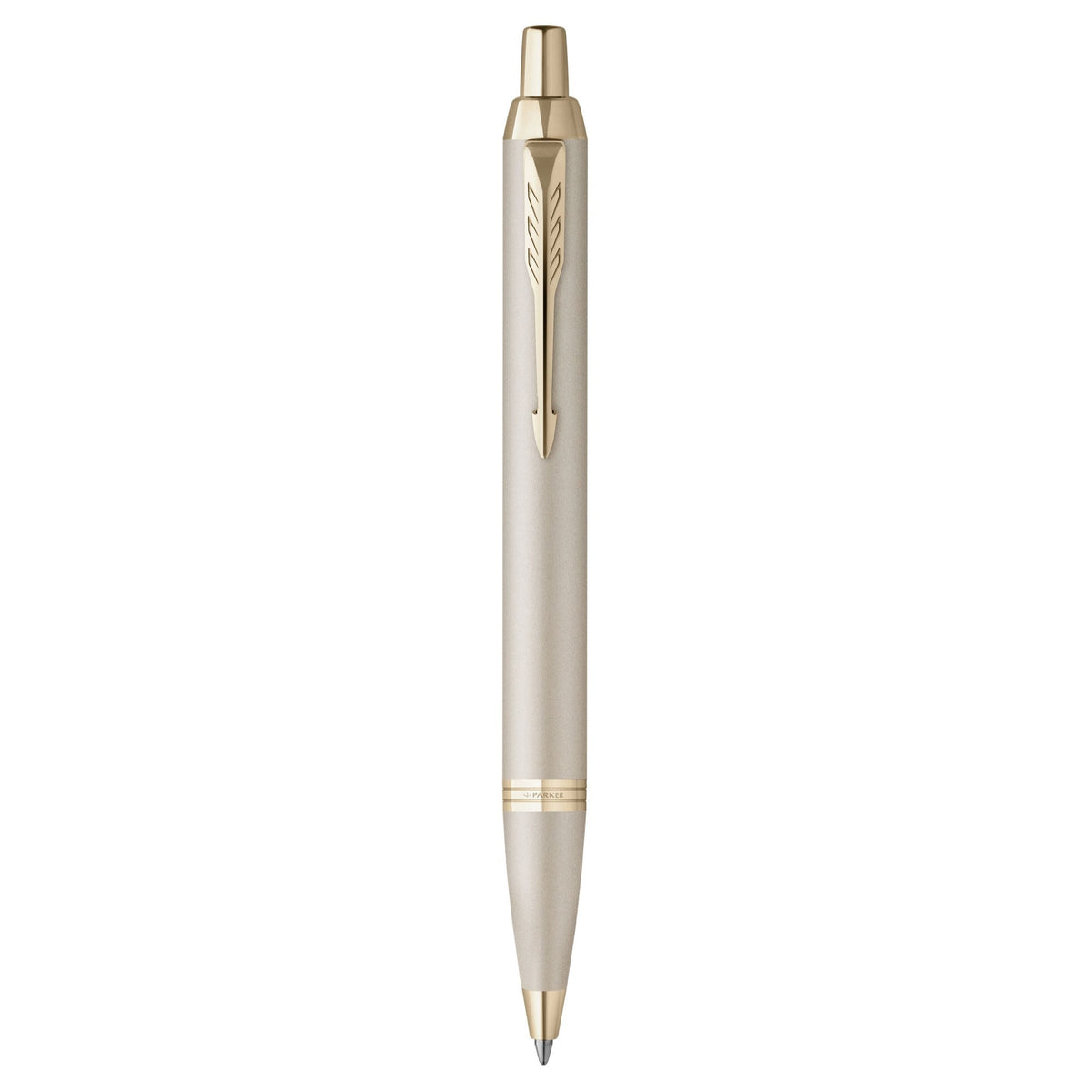 Parker IM Monochrome Champagne Ballpoint Pen standing upright, one of the four finishes included in the CDU3 counter display kit