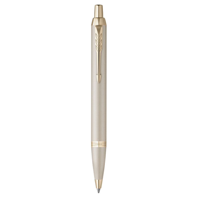 Parker IM Monochrome Champagne Ballpoint Pen standing upright, one of the four finishes included in the CDU3 counter display kit
